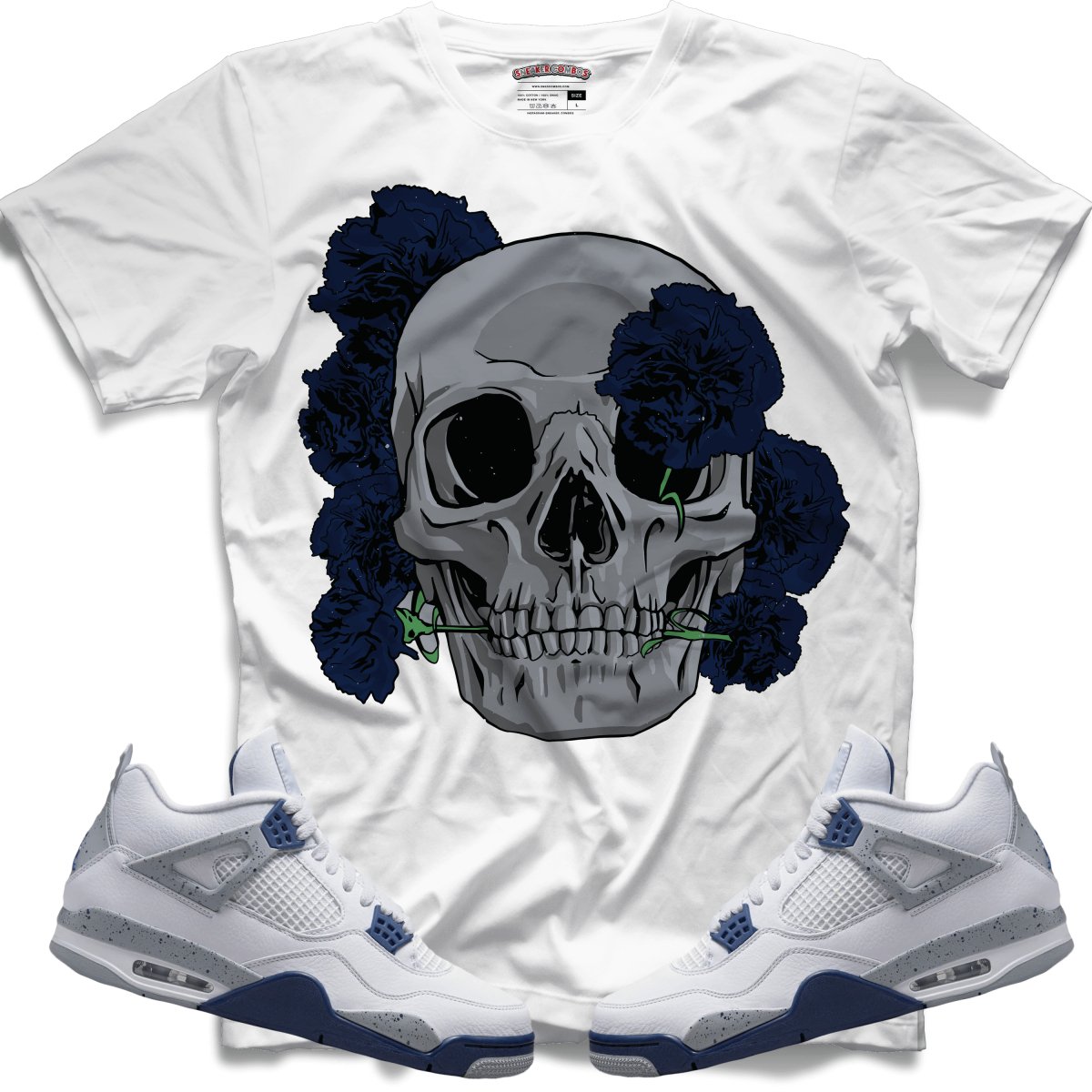 Carnation Skull (Retro 4 Midnight Navy) T-Shirt - Misguided