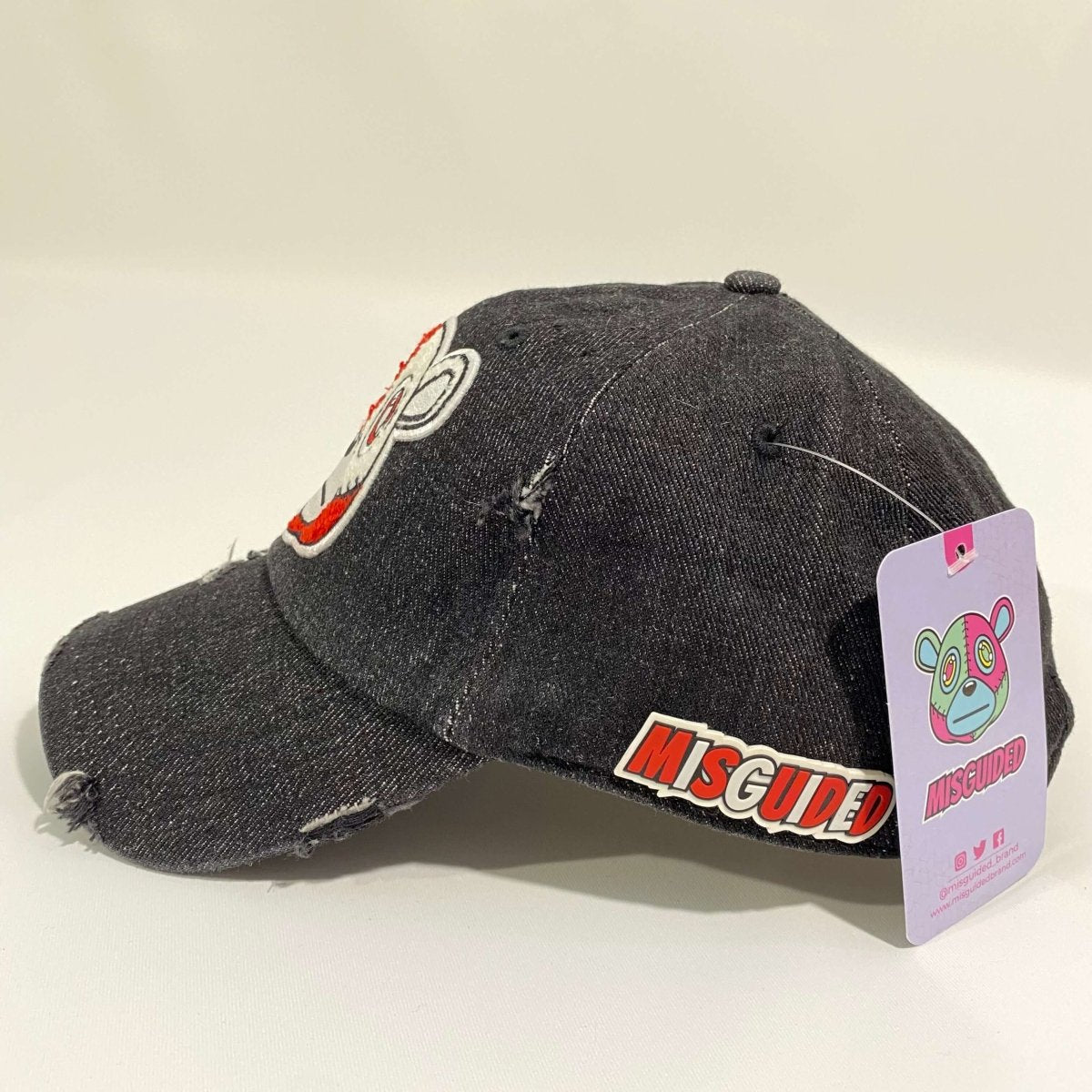 Misguided (Red Oreo 6's) Distressed Dad Hat - Black Denim - Misguided