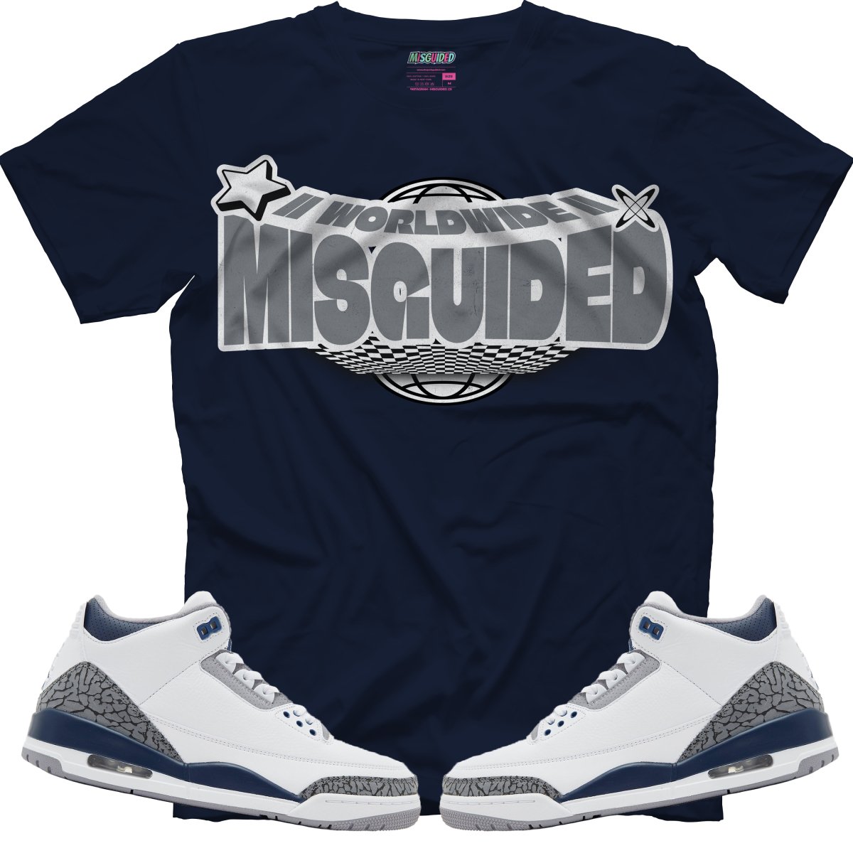 Misguided Worldwide (Air Jordan 3 White Navy) T-Shirt - Misguided